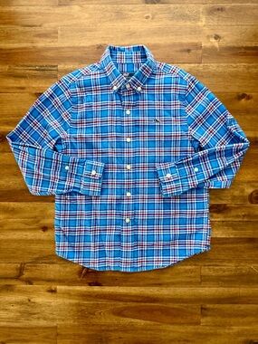 Vineyard Vine Boys Blue Red White Flannel Plaid Button Down Shirt 6 Long Sleeve